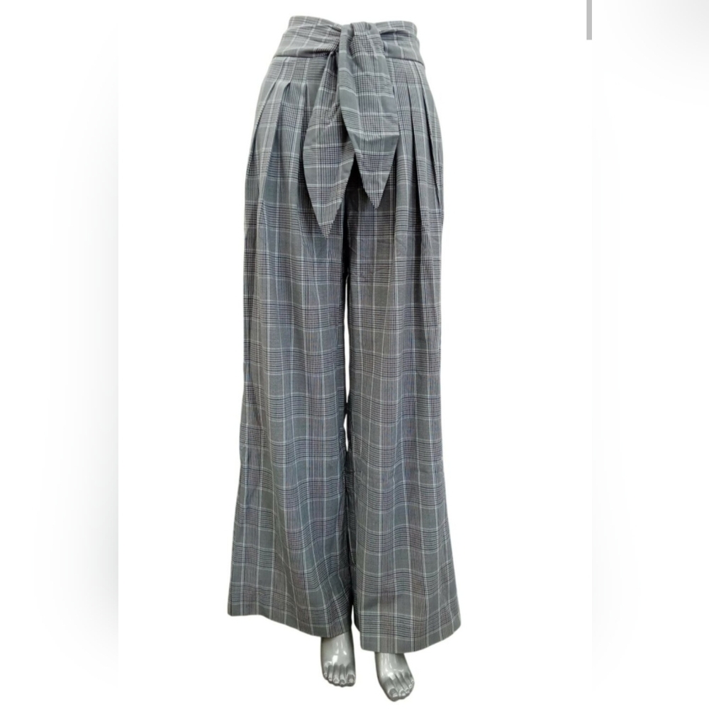 Gray Plaid Wide Leg Pants Tie Front High Rise Trousers Size: 0 - Picture 2 of 10
